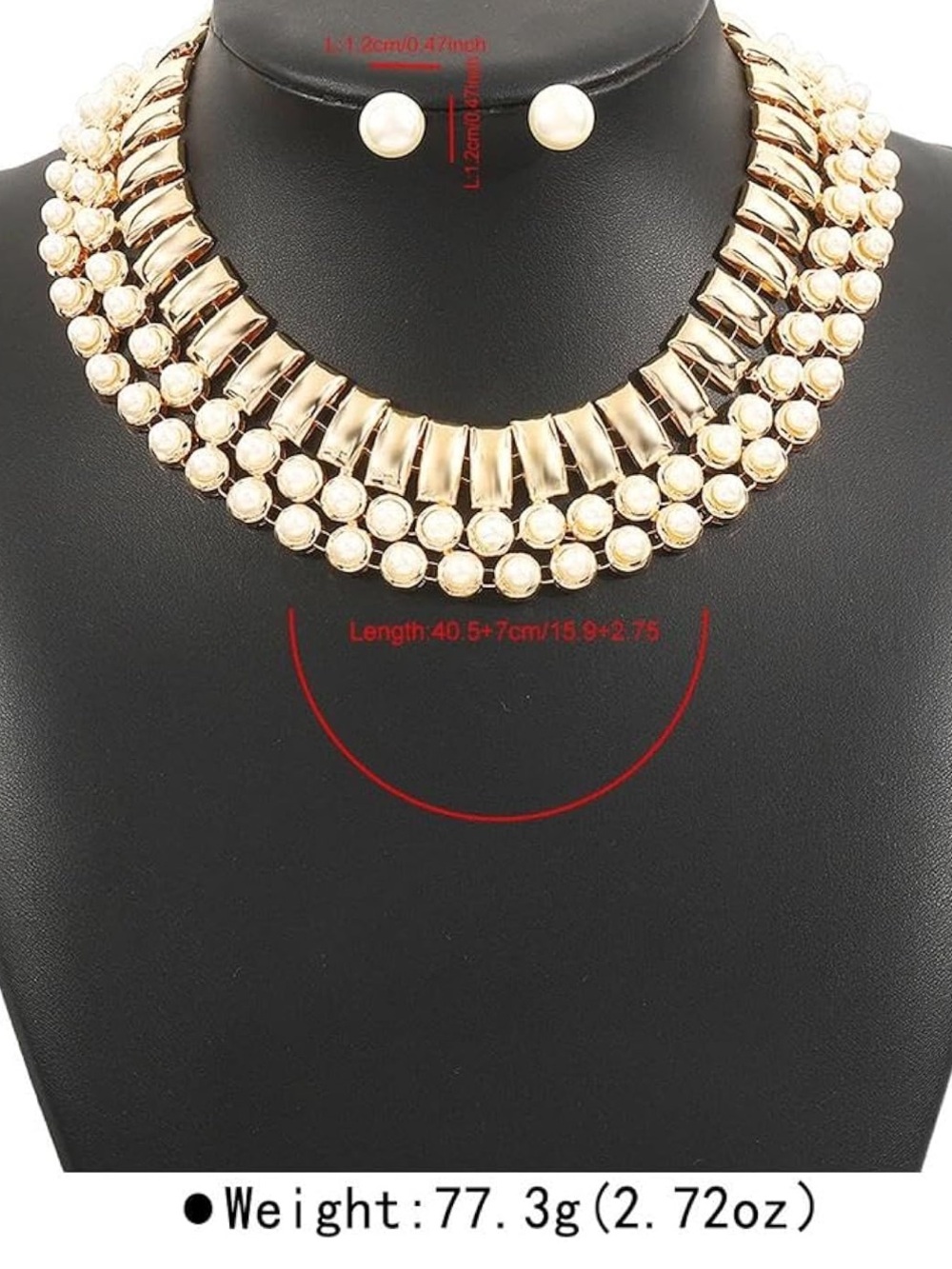 Gold Pearl Layered Statement Choker Necklace & Stud Earrings Set Fifiβs Closet - Picture 4 of 7